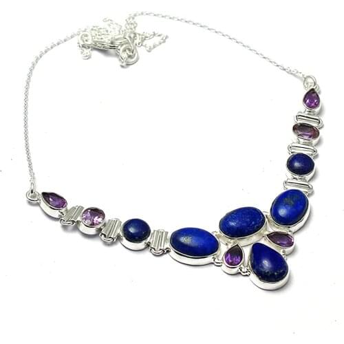 Genuine Lapis Lazuri + Amethyst Necklace 925 Sterling Silver, 49 cm,MHBNE0235
