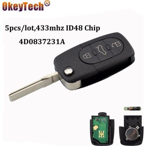 OkeyTech 5pcs/lot 3 Button Flip Folding 433mhz ID48 Chip HU66 Remote Key for Audi Old Models 4D0837231A 4D0837231K 4D0837231N