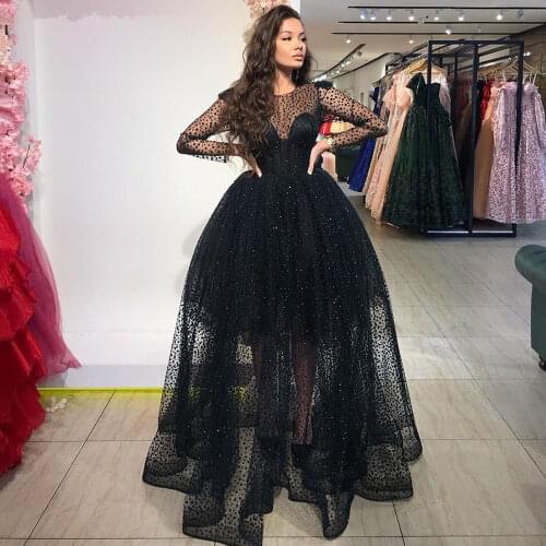 Sequined Long Sleeves Prom Dresses Sheer Jewel Neck A Line Formal Party Dress Plus Size Tulle Floor Length Evening Gown