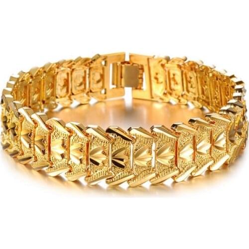 Wide Yellow Gold Filled Mens Bracelet Wristband Chain Link Fashion Jewelry