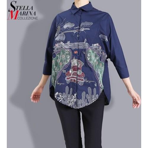 * Printed Style Short-Sleeve Woman White Blue Blouses Oversize Loose Girls Casual Streetwear Feminine Shirt chemise femme J9605