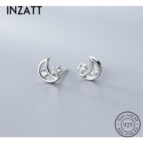 INZATT Real 925 Sterling Silver Zircon Hollow Moon Stud Earrings For Fashion Woman Cute Fine Jewelry MInimalist Accessories Gift