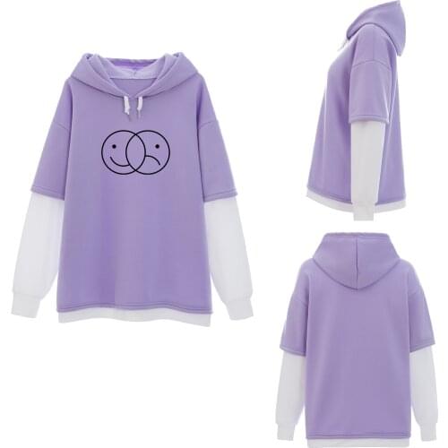 Smile Sad Face Line Duality Print Korean Sweatshirt Loose Fleece Casual Spell Color Splicing Hoodies 2021 New Ulzzang Pullovers