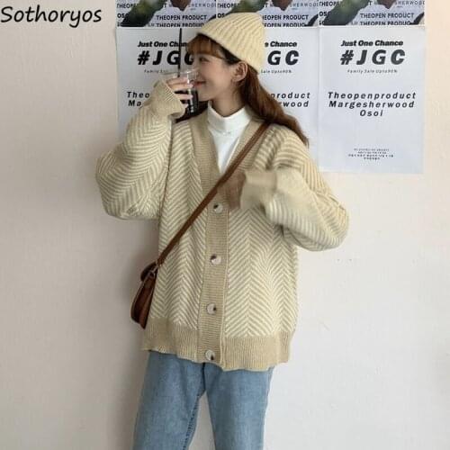 V-neck Striped Women Cardigan Single Breasted Casual Trendy Soft Warm All Match Korean Style Knitted Retro Chic Tops Outwear New