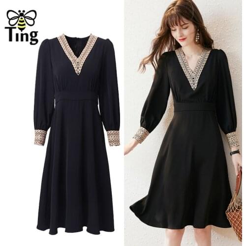 Tingfly Vintage Elegant Embroidery V Neck Women Casual Black A Line Dress High Quality Lady Office Work Vestidos Plus Size 2XL