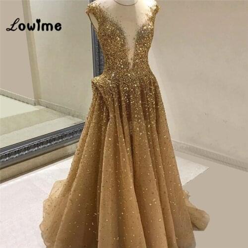 Robe De Soiree Gold Beaded Evening Dresses Custom Made Formal Dress Abendkleider 2018 Kaftan Dubai Dress Prom Dress Abiye