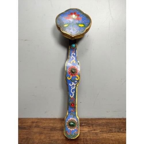 11"Tibet temple Old Bronze Cloisonne Enamel mosaic Gem Lucky Wishful Ruyi Ornaments Desirable Town House Exorcism