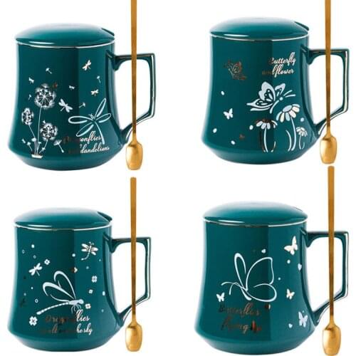 350ml Creative Butterflies and Flowers Coffee Mug for Women and Men Nordic Style Ceramic Couple Cup With Lid Spoon Gift Box