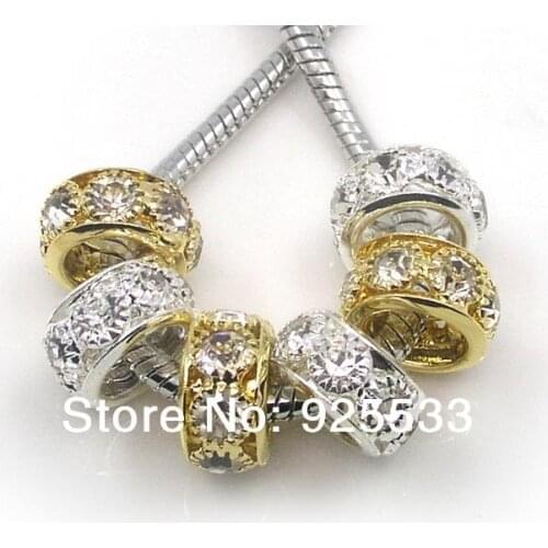 Free shipping 50pcs/lot big hole mix silver and gold color rhinestone loose beads fit European bracelet & necklace jewelry DIY