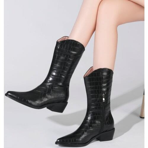 Black White Brown Blue Western Boots Wedges Chunky Heel Mid Calf Boots Spring Autumn Women Boots Winter Fashion Boots Shoes