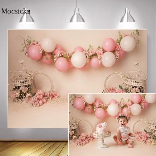 Children Birthday Cake Smash Photography Backdrop Newborn Baby Portrait Background Balloons Spring Floral Birdcage Photocall