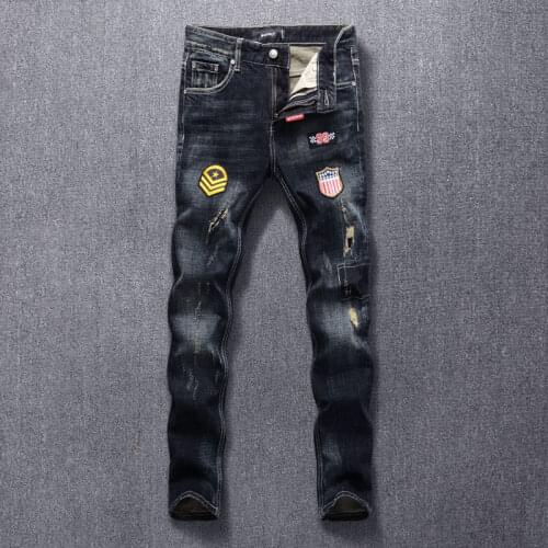 American Street Style Fashion Men Jeans Retro Black Blue Slim Fit Ripped Jeans Men Patches Designer Hip Hop Denim Punk Pants