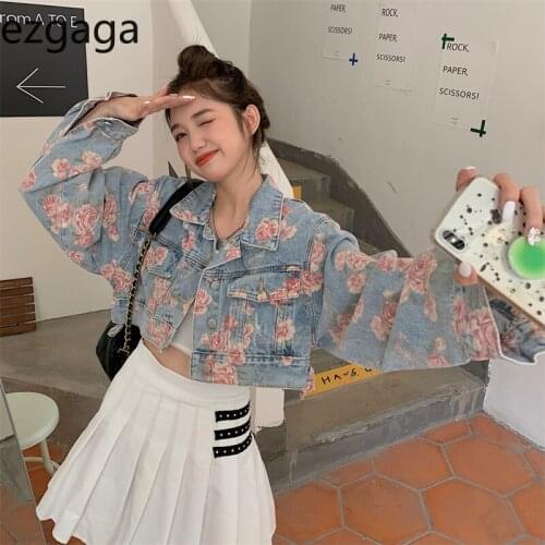 Ezgaga Elegant Rose Printed Women Denim Jackets Long Sleeve Outwear Autumn 2021 Crop Tops Korean Loose Streetwear Coats Chic