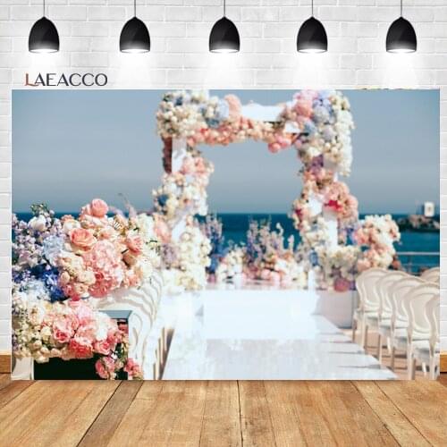 Laeacco Seaside Party Photocall Background Flower Balloon Birthday Wedding Scene Decor Customized Portrait Photography Backdrops