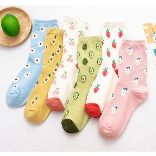 Kawaii Women Cotton Socks Avocado Cute Strawberry Harajuku Short Socks White Daisy Trend Street Fashion 1Pair