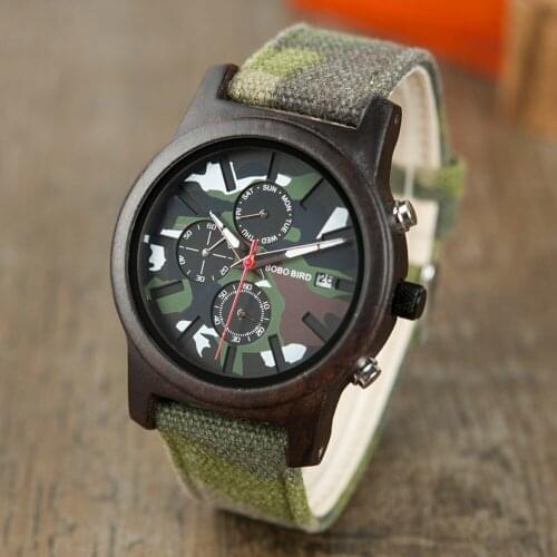 BOBO BIRD Male Wooden Watch Men Wood Quartz Jungle Camo Camouflage Saat erkek Wristwatches Man Japanese movement Show Date Week