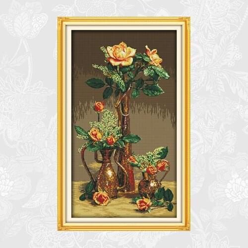 Gold Roses Cross-stitch Flower Counted Printed Canvas Chinese Cross Stitch Kits Aida Embroidery Sets Home Decor Needlework