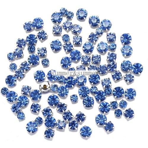 NEW ! MIX Size Light Sapphire 3mm-8mm Glass Sew-on Rhinestones Silver or Gold Bottom DIY Womens Dresses 50pcs-200pcs