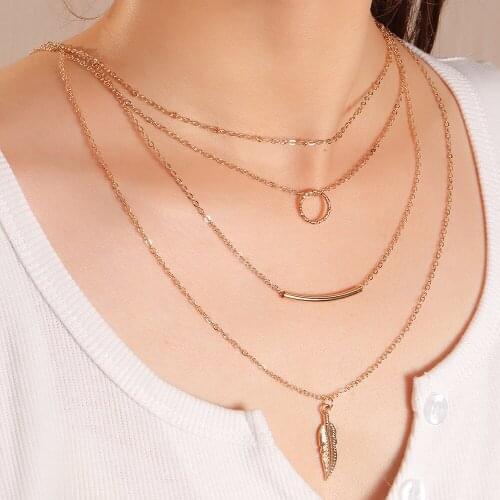 New Arrival Metal Geometric Necklaces Womens Hiphop/Rock A Word Leaves Ring Multilayer Alloy Pendant Necklaces Jewelry for Girls