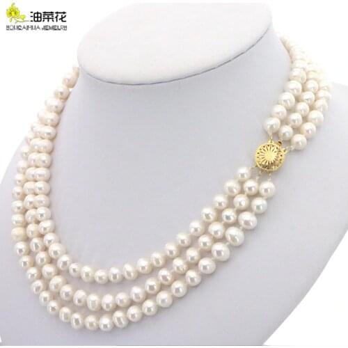 Fashion Shopping 3Rows 7-8mm Natural White Akoya Cultured Pearls Necklace Jewelry Making Woman Wedding Christmas Gift 17-19inc