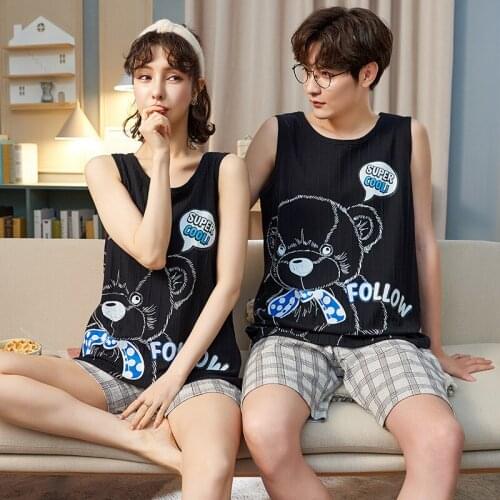 Cotton Couple Pajamas Set Summer Thin Cool Vest Lovers Sleepwear Soft Casual Black Cartoon Men Homewear Kawaii Maiden Pajamas