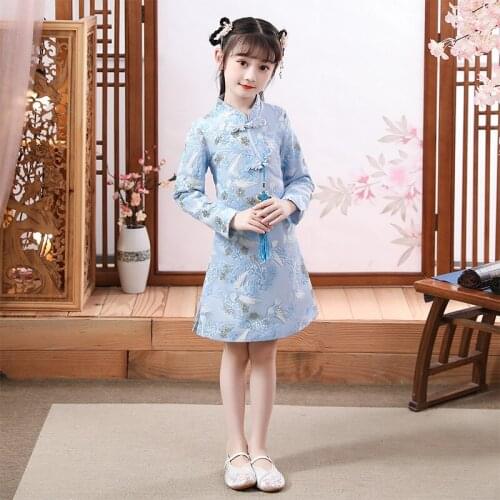 Chinese Girls Embroidery Cheongsam Dress Elegant Flower Girl Dress Kids Evening Party Dress Skirt Vintage New Year Dress Cosplay