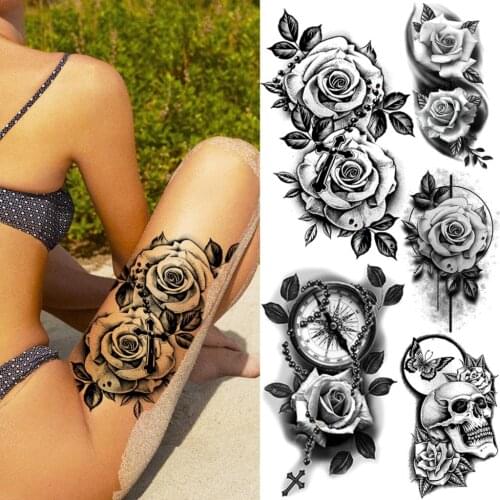 Realistic Large Black Rose Flower Cross Temporary Tattoos For Women Adult Compass Skull Fake Tattoo Sticker Tatoos Thigh