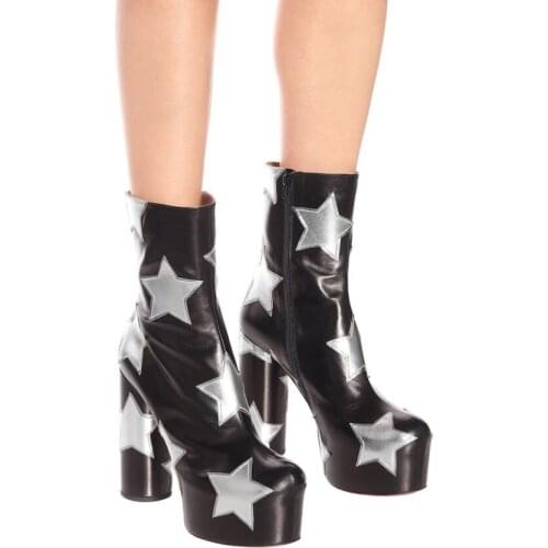 Chic Silver Pentacle Ankle Boots High Platform Chunky Heels Martin Boots Ladies Sequare Heel Black Leather Short Boots