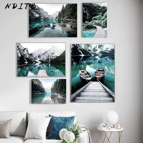Scandinavian Nature Landscape Poster Nordic Style Print Mountain Lake Boat Wall Art Picture Painting Modern Living Room Decor