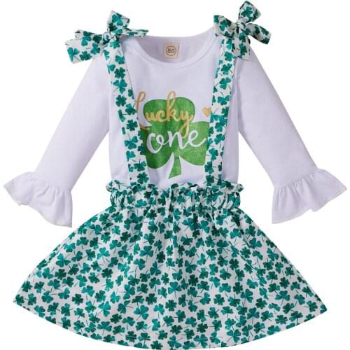 Telotuny Toddler Kids Girls Ruched Ruffles Girl St. Patricks Day Clovers Lovely Long Sleeve Tops+bowknot Suspender Skirt Set