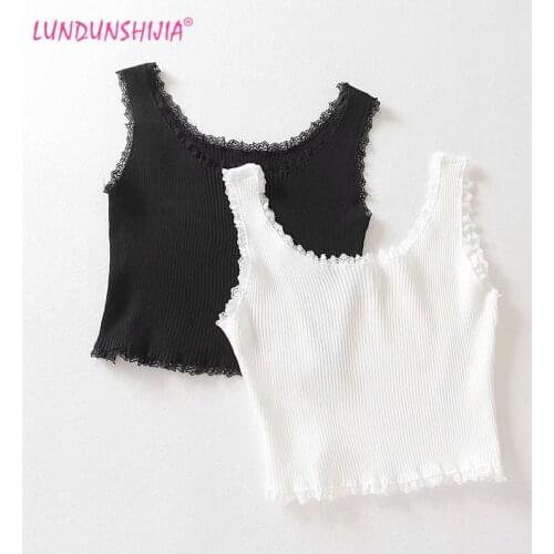LUNDUNSHIJIA New Arrival 2020 Summer Women Fashion Lace Camisole Basic Crop Bustier Top Women Sleeveless Short Ribbed Tank Tops