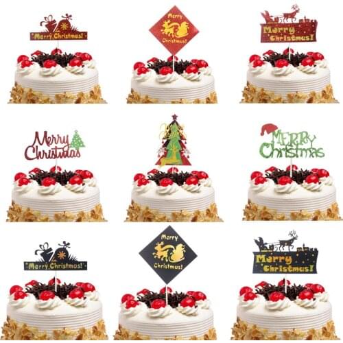 Cake topper santa claus merry christmas cupcake topper elk cake flag gold balck red kids gift party baking DIY birthday decor