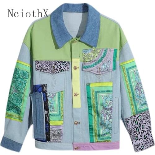 Spring Summer Fashion Blue Vintage Print Patchwork Cotton Denim Jacket Women Jeans Coat 2021 New