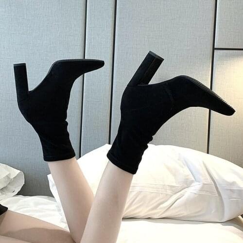 2021 Flock High Heels Booties Pointed Toe Slip-on Ankle Boots Fashion Spring Autumn Classic Women Shoes Block Heel Socks Boots