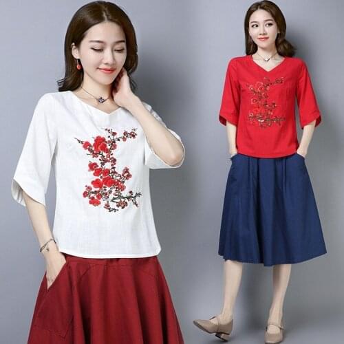 Ladies Chinese Tops Summer T Shirt Women New Cotton Linen Embroidery Traditional Chinese Blouse Oriental Style Clothing TA1640