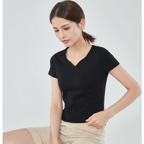 Women Soft Cotton T-shirt V-NECK Solid color Lady Tees Short Sleeve Summer Womens clothing All match Female T-shirts