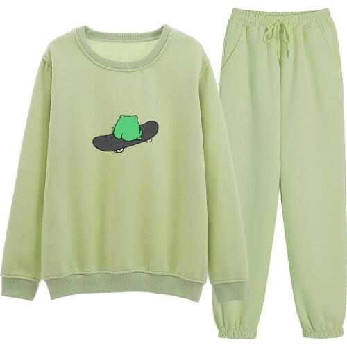Frog on Skateboard Hoodie Cotton Women Outfit Two-piece Suit Autumn Cute Hoodies for Girls Full Sleeve Aesthetic Sweatpants Set