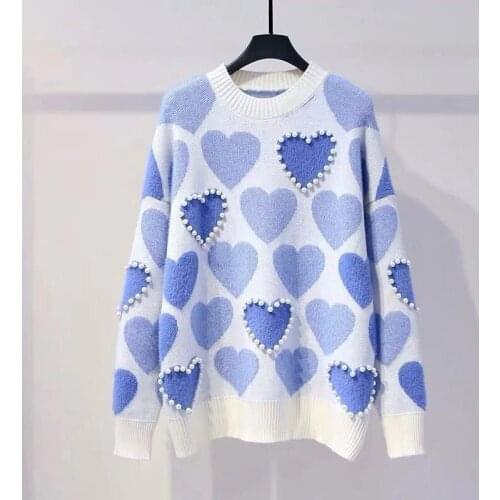 2020 New Autumn Women Knitted Sweater & Pullovers Pearls Beading Sweaters Sweet Heart Pull Jumpers Long Sleeve Kawaii Pull Femme