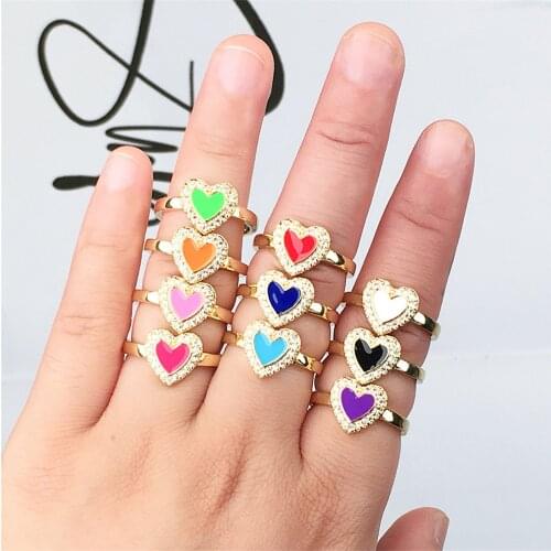 Enamel Zircon Heart Love Ring For Women Fashion Jewelry Gift, Adjustable Copper Gold Plated Open Finger Ring