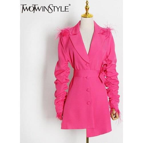 TWOTWINSTYLE Black Patchwork Feather Dress For Women Notched Long Sleeve High Waist Elegant Dresses Female Fashion New Clothes