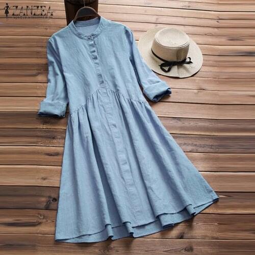 2021 ZANZEA Autumn Women Long Sleeve Elegant Cotton Linen Shirt Dress Casual Work Vestido Ladies Loose Party Dresses Femininas