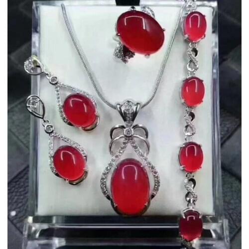 Boutique jewelry 5color Natural Chalcedony pendant 925 silver jewelry wholesale Chalcedony ring earring Braceletnecklace set