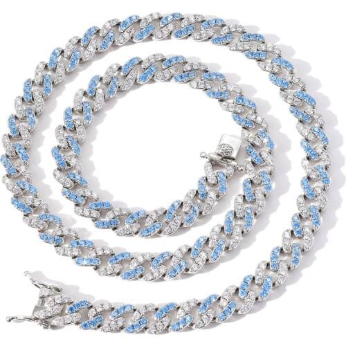9MM Blue Cuban Miami Link Chain Bling 5A CZ Necklace Fashion Rock Hip Hop Jewelry For Men Women Gift