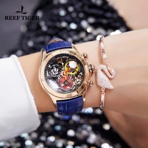 Reef Tiger/RT Ladies Fashion Quartz Watches Skeleton Watches Swiss Ronda Movement Luxury Rose Gold Date Watches