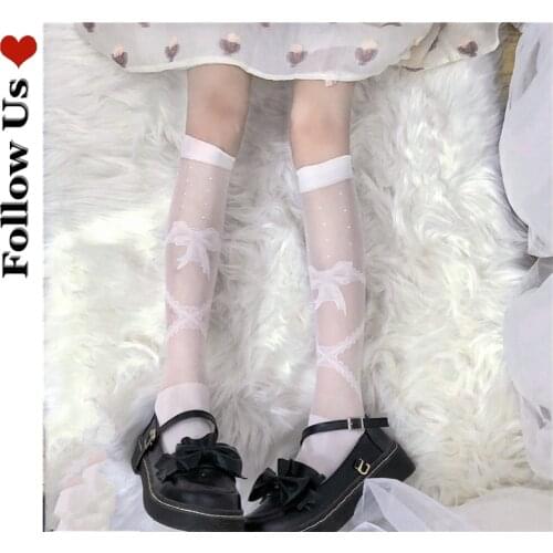 Japanese Lolita Cute Girl Thigh High Stockings 2021 Summer Women Cross Tie with Bow Knee High Socks For Sexy Over Knee Socks