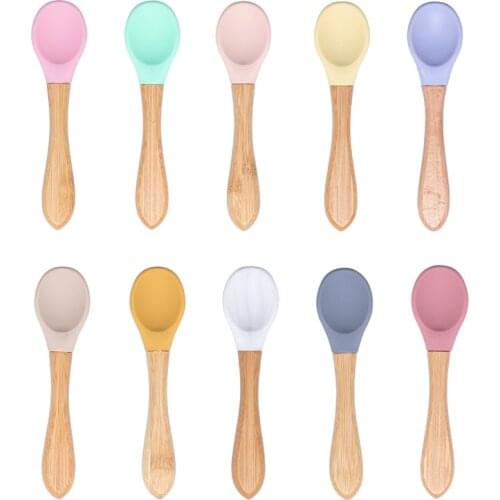 Baby Wooden Spoon Silicone Wooden Baby Feeding Spoon Organic Soft Tip Spoon BPA Free Food Grade Material Handle Toddlers Gifts