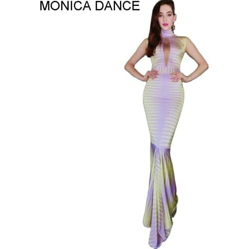 Women Sexy Yellow Purple Splicing Spandex Long Dress Women Dancer Singer Bar Floor-length Outfit Prom Party Evening Dance Dress