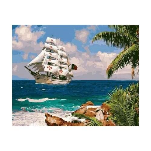 Sailboat in the tropics Digital Diy oil painting by numbers wall decor on canvas oil paint coloring by number drawing