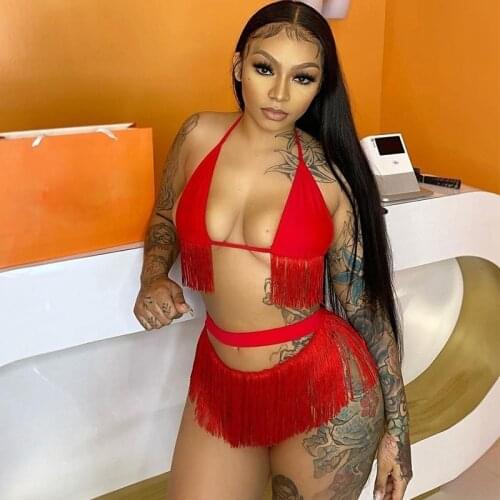 Women Bikinis Set Backless Crop Top Hollow Thongs Sexy Tassel Two Piece Summer Beachwear Swimsuit Sets