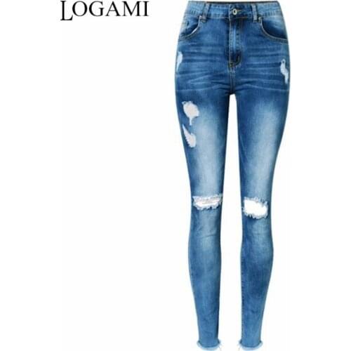 LOGAMI High Waist Ripped Jeans Woman Skinny Elastic Jeans for Women Denim Pants New Fashion